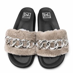 Faux Fur Slides with Silver Chain